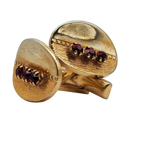 Retro Red Crystal Oval Cufflinks Gold Tone MCM Brushed Polished Metal Jewelry - Picture 7 of 9